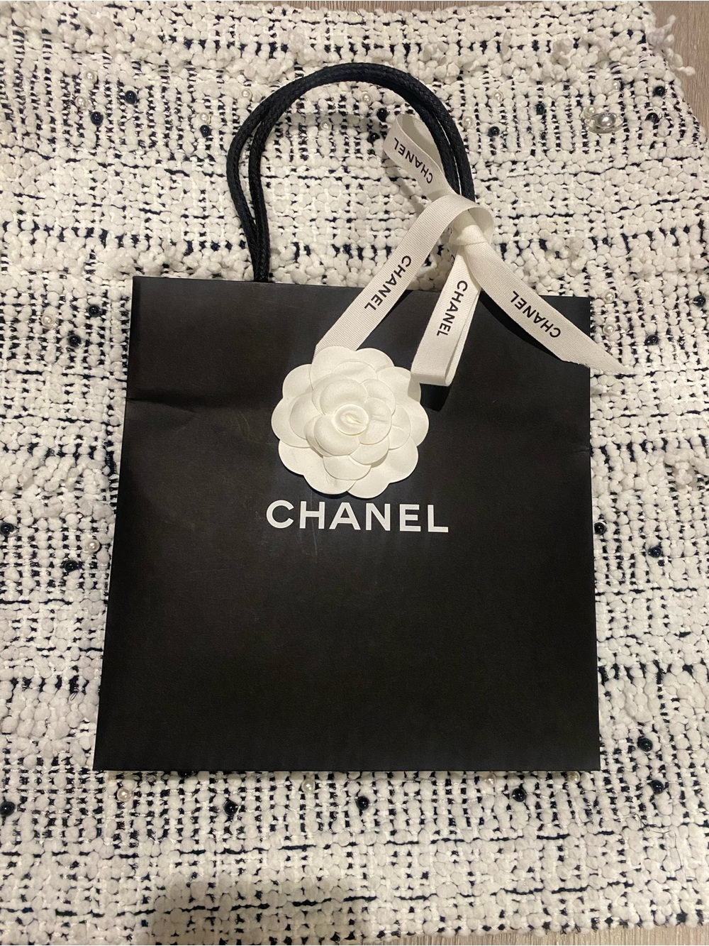 Chanel Shopping Paper Gift Bag with Camellia & Ribbon Size 8.25” x 8.25”
